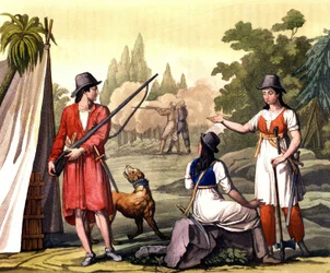 Boucanier et femmes flibustières : le pirate Jack Rackham dit le Rouge ou John Rackham, mieux connu sous le nom de Calico Jack (? -1720) représenté avec Anne Bonny (Bonney) et Mary (Marc) Read aux Antilles. Planche tirée de « Le costume ancien et moderne »
