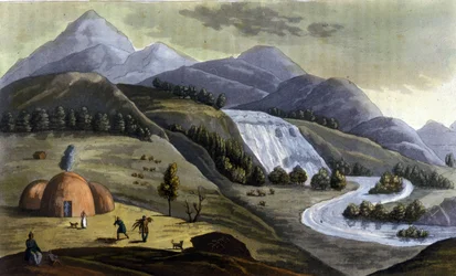 Paysage de Laponie (territoires appartenant à la Norvège, la Suède, la Finlande et la Russie), habitations des indigènes (Sami) dans « Le costume ancien et moderne » par Ferrario, éd. Milan