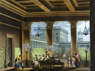 Triclinium éclairé par des lampes à huile dans la Grèce antique : scène de banquet - dans "Le costume ancien et moderne" de Jules Ferrario, éd. Milan