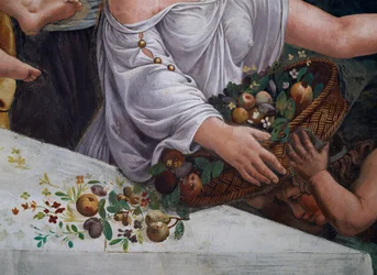 Un panier de fruits et de fleurs, détail du banquet rustique célébrant le mariage de Cupidon et Psyché de la Sala di Amore e Psiche, 1528 (détail)
