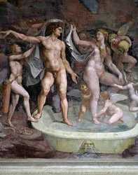Bain de Mars et Vénus, fresque de Giulio Romano (1499-1546), mur nord de la Chambre de Cupidon et Psyché, Palais Te, Mantoue (Liste du patrimoine mondial de l