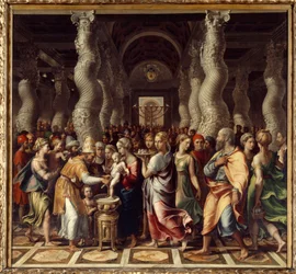 Cérémonie religieuse de la circoncision du Christ. Peinture de Giulio Pippi de Jannuzzi dit Giulio Romano