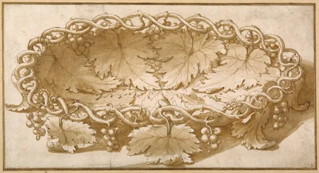 Conception pour un bol à fruits ovale, avec des vrilles de vigne, des feuilles et des raisins