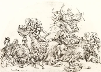 Diomède, blessé par Pandarus, est réconforté par Pallas Athéna