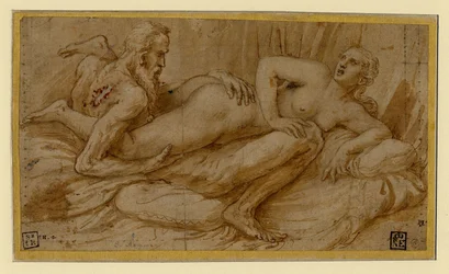 Scène érotique de Giulio Romano (1499-1546), après 1524 - Plume, pinceau, encre de Chine brune, rehauts de blanc, pierre noire sur papier