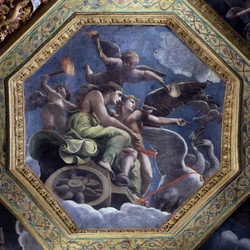 Vénus furieuse désigne Psyché à Cupidon pour la punir. Fresque de Giulio Pippi de