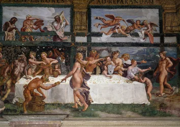 Festin de noces ou banquet des dieux, fresque de Giulio Romano (1499-1546), mur ouest de la chambre de Cupidon et Psyché, palais Te, Mantoue (Liste du patrimoine mondial de l
