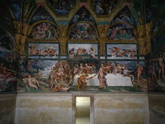 Festin de mariage ou Banquet des dieux, fresque de Giulio Romano, mur ouest de la Chambre de Cupidon et Psyché, Palazzo Te, Mantoue (Liste du patrimoine mondial de l