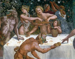 Festin de mariage ou Banquet des dieux, fresque de Giulio Romano, mur ouest de la Chambre de Cupidon et Psyché, Palazzo Te, Mantoue, Lombardie, Italie