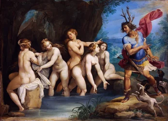 Diane et Actéon - Peinture de Giuseppe Cesari (1568-1640), huile sur cuivre, vers 1604, 50x69 cm - Szépművészeti Múzeum, Budapest