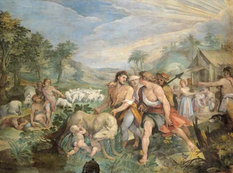 Romulus et Rémus, allaités par une louve, trouvés par Faustulus sur les rives du Tibre, par Giuseppe Cesari (1568-1640), fresque, salle des Horaces et des Curiaces, palais des Conservateurs, Rome, Royaume romain, Italie