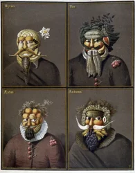 Les quatre saisons : hommes avec des têtes de légumes à la manière de Giuseppe Arcimboldo