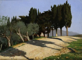 Via di campagna con cipressi, 1862