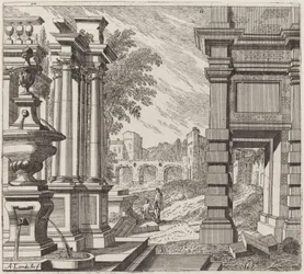 Fantaisie Architecturale avec une Fontaine, des Ruines Classiques et un Pont
