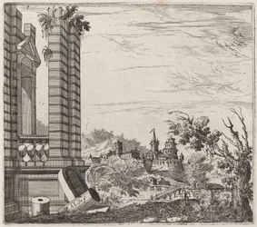 Paysage fluvial fantastique avec ruines et château