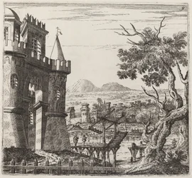 Paysage avec un château et un pont-levis