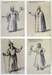 Création de costumes pour des personnages classiques. En haut à gauche : Aristarchos. En haut à droite : Aristote. Guiseppe Arcimboldo (c1530-1593) Peintre italien. Plume, encre bleue et aquarelle sur papier.