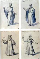 Création de costumes pour des personnages classiques. En haut à gauche : Cicéron. En haut à droite : Euclide. En bas à gauche : Archimède. Bot. D : Ptolémée d