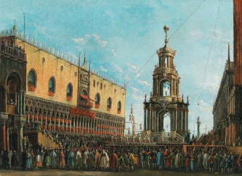 Le festival de Giovedì Grasso devant le Palais des Doges à Venise, années 1830