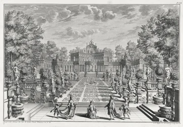 Décor pour une opéra dans un jardin, de Architectus Theatralis Primarius, gravé par Johann Andreas Pfeffel, publié en 1740
