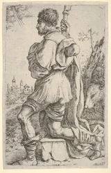 Saint Roch, agenouillé sur une pierre, vu de côté avec son chien derrière lui et une ville, 1620-30