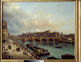 La cité et le Pont Neuf vus du Quai du Louvre. Au premier plan, un bateau-lavoir et la grande activité des quais de la Seine. Peinture de Giuseppe Canella (1788-1847). 1832. Paris, Musée Carnavalet
