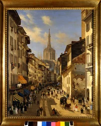Vue de la Corsia dei Servi (actuel Corso Vittorio Emanuele) à Milan. Peinture de Giuseppe Canella (1788-1847) 1834 Milan, Musée de Milan