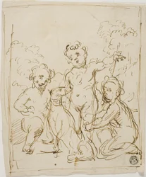Trois putti et un chien dans un paysage