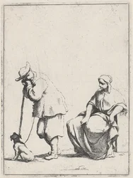 Paysanne debout avec un chien et une femme assise