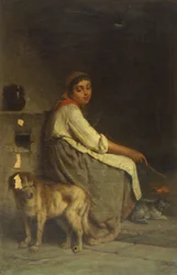 Femme avec chien et chat près de la cheminée
