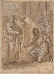 Christ et le centurion recto, Figure saluant un navire partant verso