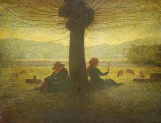 Un berger et une bergère se reposant sous un arbre, vers 1905