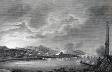 Gênes bombardée par la flotte anglaise, 25 mai 1800, gravure sur acier d