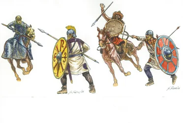 Cataphracte combattant un légionnaire et un légionnaire combattant un guerrier Hun