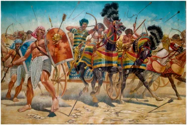Antiquité égyptienne : représentation du pharaon Ramsès II (1304-1213 av. J.-C.) avec son armée guidant des chars lors de la bataille de Qadesh en 1274 av. J.-C.
