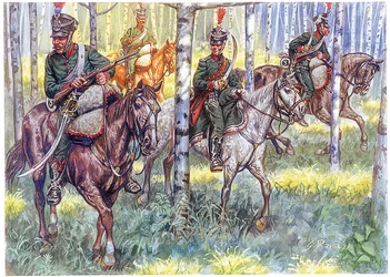 Premier Empire : Chasseurs à cheval de la Grande Armée de Napoléon I en patrouille - Illustration de Giuseppe Rava