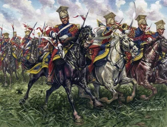 Premier Empire : les lanciers rouges ou régiment de lanciers de la Garde Impériale pendant la bataille de Waterloo le 18/06/1815