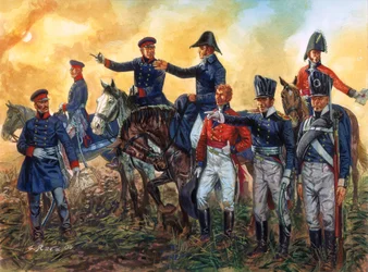 Guerre napoléonienne : Arthur Wellesley, duc de Wellington (1769-1852) commandant les troupes britanniques et Gebhard Leberecht von Blücher (1742-1819) commandant l
