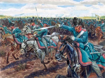 Guerres napoléoniennes : charge des dragons prussiens (illustration de Giuseppe Rava)