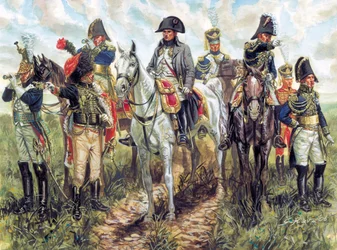Portrait de Napoléon Ier (1769-1821) et de son état-major (illustration de Giuseppe Rava)