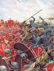 Antiquité romaine : Bataille du pont Milvius le 28/10/312 entre Constantin et Maxence près de Rome, Italie - Bataille du pont Milvius entre les empereurs romains Constantin Ier et Maxence le 28 octobre 312 près de Rome - Illustration de Giuseppe Rava
