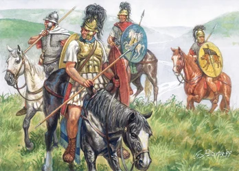 Antiquité romaine (République) : un groupe de cavaliers romains - Illustration de Giuseppe Rava