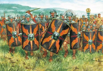 Antiquité romaine (empire) : un groupe de légionnaires romains - Illustration de Giuseppe Rava