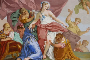 Représentations du mythe de Diane, par Domenico et Giuseppe Valeriani, fresque, plafond voûté de la chambre, résidence de chasse, par Filippo Juvarra, Stupinigi, Piémont, Italie