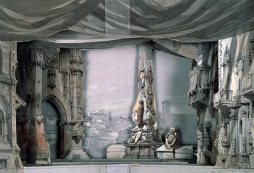 Place devant la cathédrale de Valladolid, Acte III, Scène IV, décor de Charles Campon pour Don Carlos de Giuseppe Verdi, représentation à Paris, Salle Le Peletier, 11 mars