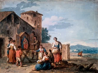 Un groupe de paysans devant le tabernacle avec la statue de la Madone debout, vers 1750