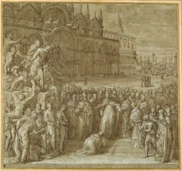 La réconciliation entre le Pape Alexandre III et Frédéric Barberousse, en présence du Doge Sebastiano Ziani