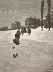 Il fait froid !, femme marchant dans la neige (gravure)