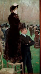 Les courses au Bois de Boulogne. Spectateurs regardant les courses de chevaux