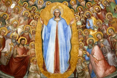 Le baptistère de Padoue. Fresques du plafond du XIVe siècle réalisées par Giusto de Menabuoi. Le Paradis. La Vierge Marie avec des patriarches, des prophètes et des saints. Détail. Padoue. Padoue, Italie. (photo)